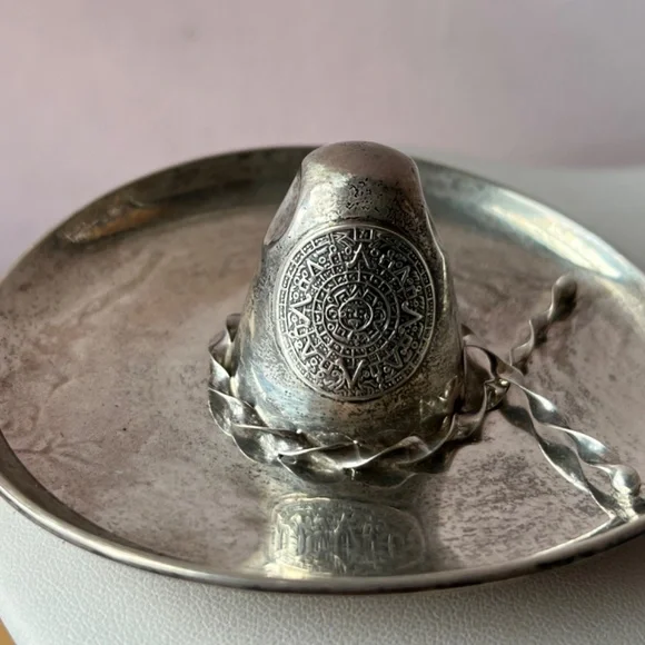 HEAVY Mexican Sombrero Hat 925 SS trinket jewelry ring dish Mayan Aztec Calendar